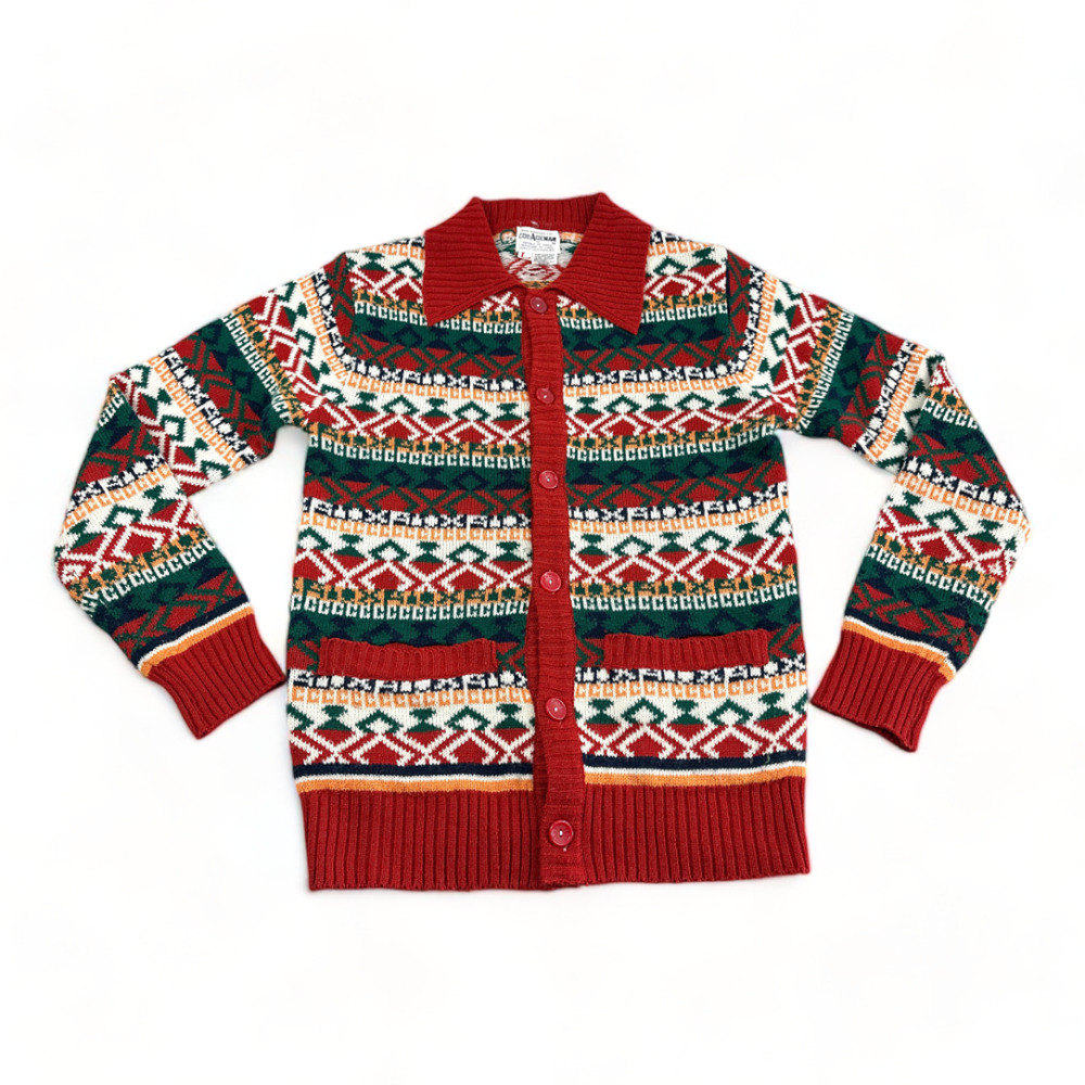 Vintage Cardigan Sweater Adult SMALL Red Orange Green 70s Fair Isle Aztec Funky